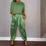 ZJKRL -  Spring Summer Satin 2 Piece Set Women Casual Solid Color 2 Piece Outfit Half Sleeve Tops Loose Fit Pants Suit Two Piece Sets