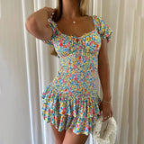 ZJKRL  -  Women's Mini Dress Summer Clothing For Female Floral Printing Slim Fit Lantern Sleeve Streetwear Dresses Ladies Causal Vacation