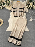 Zjkrl - Korean Spring Summer Vacation Style Knitted Twi Piece Set Women Chic Hollow out Sweater Cardigan +Long Maxi Skirt Sets