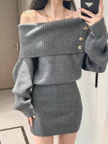 Zjkrl  -  Women Slash Neck Knitted Sexy Dress Solid Buttons Elegant Casual Off Shoulder Long Sleeve Dresses For Female Autumn Winter