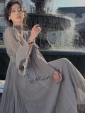 Zjkrl  -  French Pleated Long Sleeve Dresses for Women Elegant V Neck Flare Sleeve Ruffles Midi Vestiods Mujer Autumn Vintage Clothes