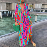 Zjkrl  -  Women Boho Print Loose Beach Dress Elegant Deep V-Neck Maxi Dress Ladies Sexy Long Sleeve Oversized Dresses Robe Longue