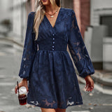 V-Neck 2023 Spring/Summer Flower Print Lantern Sleeve Waist Closing Temperament Casual Yarn Mesh Dresses Elegant Women's Dresses