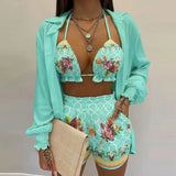 Zjkrl  -  Summer Sexy Bikini Three-piece Set Women's Printed Long Sleeve Shirt Sling Elastic Waist Shorts Beach Party