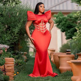 Zjkrl  -  Red Aso Ebi Mermaid Prom Dresses Ruched Satin Plus Size Mermaid Evening Gowns Arabic Formal Party Dress Floor Length