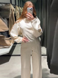 Zjkrl  -  Elegant Black Top Pants Set Women Fashion Long Sleeve O-neck Pleated Tops Wide Leg Trousers Autumn Office Lady Suit