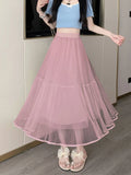 Zjkrl  -  holiday outfits Elegant Tulle Midi Skirt Women Sweet High Waist Mesh Pleated Skirts Korean Fashion Loose Cute Solid Casual A Line Skirt New