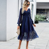 Zjkrl - Autumn Dress Women Clothing 2023 New Women's V-neck Lantern Sleeve Solid Color Navy Blue Black Light Blue Apricot Long Dresses