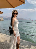 Zjkrl  -  New SpicyGirl White Lace Sling One Piece Dress Women Clothing Summer Irregular Flounced Skirt Slim Fit Hip Skirt Long Skirt