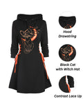 Women Gothic Hooded Dress Slight Stretch Sweatshirt Dresses Cat Hat Moon Print Tie Long Sleeve A-Line Mini Casual Dress