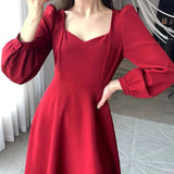 Zjkrl - Black Dress Women's Autumn New Black Long Sleeve Dress Hepburn Style V-neck Ankle-length Retro Korean Style Long Black Dress