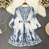 Women Bohemian Dress 2023 Spring Summer Print Long Lantern Sleeve V Neck Corset Slim Button Pleated Dress Women Vacation Dress