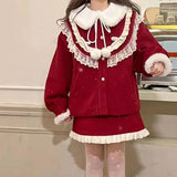 Zjkrl  -  Christmas Red Jacket Japanese Soft Girl Doll Neck Cute Thickened Coat 3 Piece Set Shirt Female Winter Sweet Girl Skirt Slim Fit