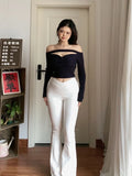 ZJKRL  -  Spicy Girl V Waist Pleated Elastic Micro Bell Bottom Pants Women Autumn New Hip Lifting Side Zipper High Waisted Pants EQO3