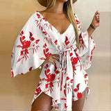 Zjkrl  -  New Summer Beach Elegant Women Dresses Sexy V Neck Lace-up Floral Print Mini Dress Casual Flared Sleeves Ladies Party Dress