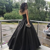 Zjkrl  -  New Style Prom Dresses Simple Satin Strapless A-line Black Evening Party Dresses Robe De Soirée Floor Length