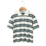 Zjkrl  -  Burgundy Striped Casual Women T-shirt Summer Loose Polo Shirts Buttons New Female Tops Blouse White Tops Spring Shirt