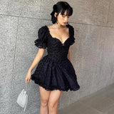 Zjkrl  -  Summer Black Dress Slim Gothic Ball Gown Puff Sleeve Print Slash V-neck Sexy Mini Dress Lace Dark Women Elegant Skirt High Waist