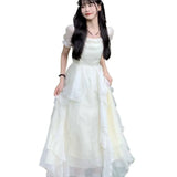 ZJKRL  -  High Quality Hot Selling French Bubble Sleeve White Dress Women's High-end Temperament Waist Cinching Slimming Fairy Long Dress