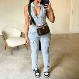 ZJKRL  -  European Fashion Cargo Pant Set Sleeveless Crop Top And Slim Pant Suit Summer Two Pieces Tracksuits