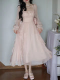 2024 Summer Pink Chiffon Vintage Fairy Dress Women Korean Style Elegant Party Midi Dress Female Court Retro Flare Sleeve Dresses