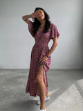 Zjkrl  -  Boho French Style Flower Printed Dress Women V-Neck Elegant Lace-up Sundress Summer Elegantes Para Mujer Maxi Dress Vestido