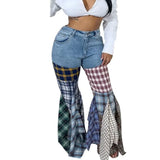 ZJKRL  -   Summer New Fashion Plaid Patchwork Plaid Flared Jeans Pants Ruffled Ripped Y2K BaggyTrousers