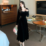 Zjkrl - 2023 New Spring and Fall Vintage Black Long Sleeve Dress Woman Elegant Fashion Velvet Midi Dress Korean Style Even Party Dresses