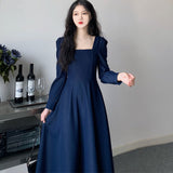 Zjkrl - Black Dress Women's Autumn New Black Long Sleeve Dress Hepburn Style V-neck Ankle-length Retro Korean Style Long Black Dress