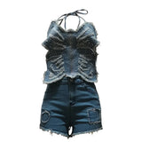 ZJKRL  -  New Denim Jeans Shorts Set Strap Sleeveless Bandage Summer Street Sexy Two 2 Piece Set Outfit Tracksuit