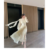 Zjkrl  -  Summer French Chiffon Midi Dresses for Women Elegant Long Sleeve Slim Ruffle Dress Gentle Fairy Clothes Sweet Puffy Short Dress