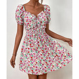 ZJKRL  -  Summer New Floral Short Skirt with Waistband and Bubble Sleeves Sweet and Spicy Style Dress