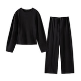 Zjkrl  -  Elegant Black Top Pants Set Women Fashion Long Sleeve O-neck Pleated Tops Wide Leg Trousers Autumn Office Lady Suit