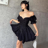 Zjkrl  -  Summer Black Dress Slim Gothic Ball Gown Puff Sleeve Print Slash V-neck Sexy Mini Dress Lace Dark Women Elegant Skirt High Waist