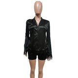 Zjkrl  -  Satin Women's Tracksuit Feather Long Sleeve Shirt and Shorts Matching Street Sexy Party Two Piece Set Elegant Outfits