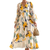 ZJKRL  -  New Autumn Long Sleeved Pleated Party Dress Casual High Waist Holiday Maxi Dress Ladies V-neck Floral Print Bohemian Dress