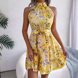 ZJKRL  -  High Quality Women's Clothing Sweet Princess Print Sleeveless Round Neck Hanging Neck Dress with Lace Up Elegant Dress Vestidos