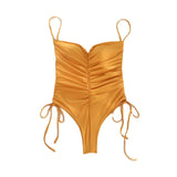 ZJKRL  -  Europe New Drawstring One-piece Swimsuit Female Solid Color Pleated Sexy Strap Bikini Ten Colors