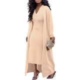 ZJKRL  -  European and American Women's Solid Color Pit Stretch Cape Coat + Slim V-neck Skirt Two-piece Set