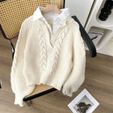 Zjkrl  -  Japanese Lazy Retro Design with Fake Two Sweaters for Autumn and Winter Women's Clothing