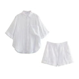 Zjkrl  -  Casual 2 Pcs Shorts Women Set Linen Cotton Pink Oversize Buttons Shirt+shorts Outfits Summer Autumn White Fashion Set