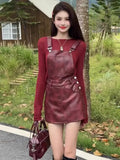 ZJKRL  -  American Overalls Dress Women Autumn Long Sleeve Knitted Shirt Spicy Girl Leather Dress Fashion Set Two Piece Set Women Outfits