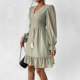 Women's 2023 Casual Fall Dress Long Sleeve Lace Trim V Neck Belted Short A Line Flowy Dress