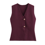 Zjkrl  -  Gold Button Knitted Tank Top Women Autumn Winter Burgundy Short Vest Sleeveless V Neck Chic New Fashion Tops