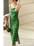 Zjkrl - Summer Green Polka Dot Sexy Sundress for Women 2024 Elegant Dresses Shirring Lace-Up Sleeveless Midi Beach Dress