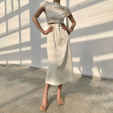 Zjkrl - Elegant White Long Dress Female Round Neck Short Sleeve High Waist Cut Out Midi Dresses For Woman Clothing Fashion