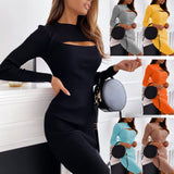 Sexy Hollow Long Sleeve Midi Dress Solid Color Slim Fit Fashion Hollow Out One Step Korean Robe Club Pencil Dress For Women