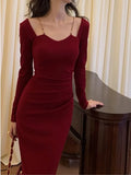 Zjkrl  -  Sexy Women Bodycon Slim Midi Dress Autumn Casual Black Red Evening Party Club Chic Vestidos Female Birthday Robe Clothings