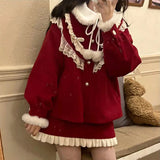 Zjkrl  -  Christmas Red Jacket Japanese Soft Girl Doll Neck Cute Thickened Coat 3 Piece Set Shirt Female Winter Sweet Girl Skirt Slim Fit