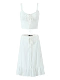 Zjkrl  -  Lace Up White 2 Pcs Outfit Women Summer Dress Set New Beach Cotton Skirt Matching Set Midi Vestido Chic Sundress